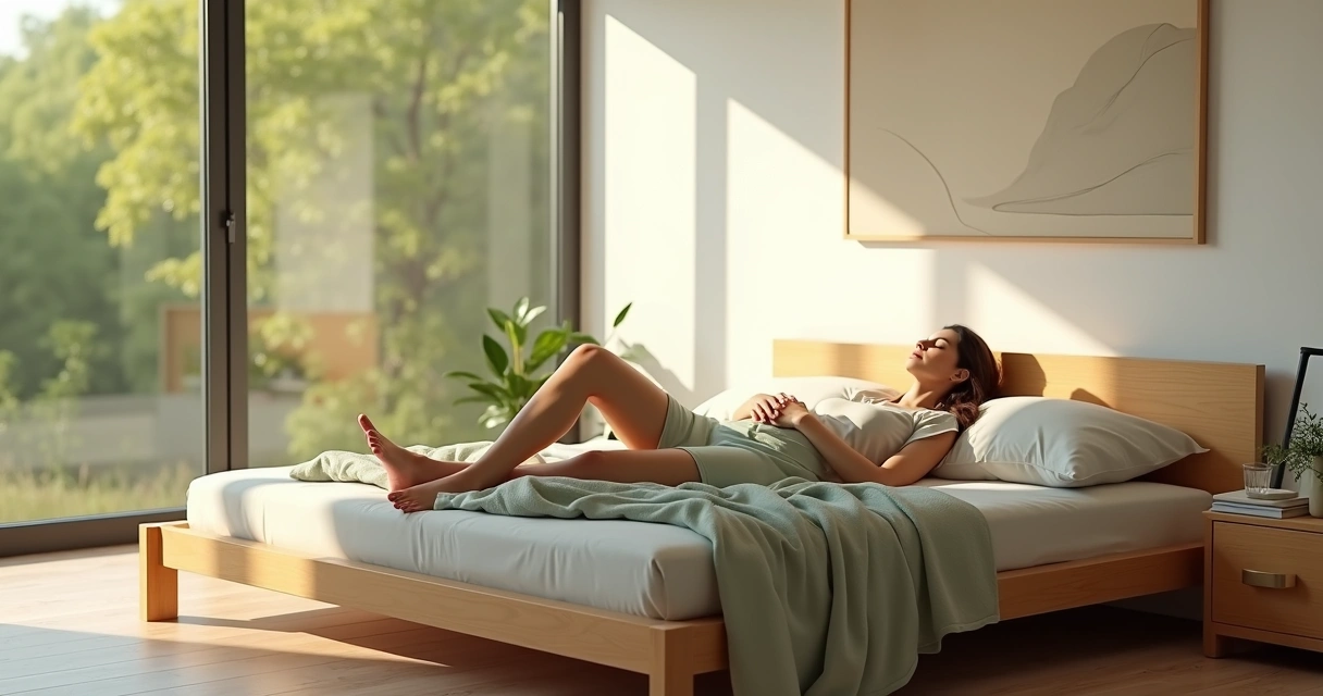 Pessoa relaxando em quarto iluminado com vista para a natureza 