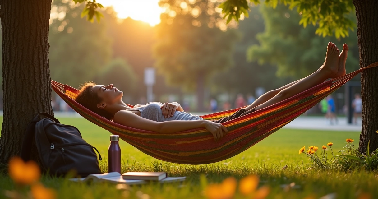 Pessoa relaxa em rede no parque com celular guardado em bolsa ao lado 