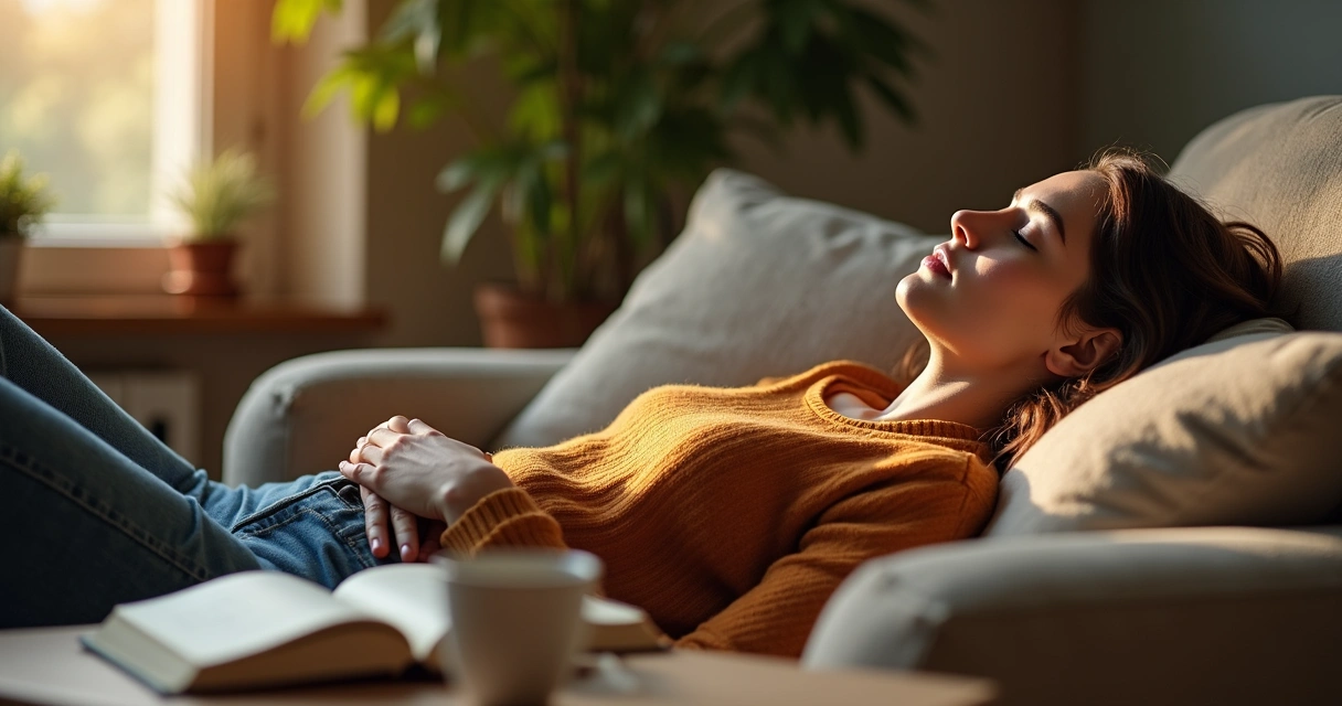 Pessoa descansando em casa, olhos fechados, corpo relaxado no sofá