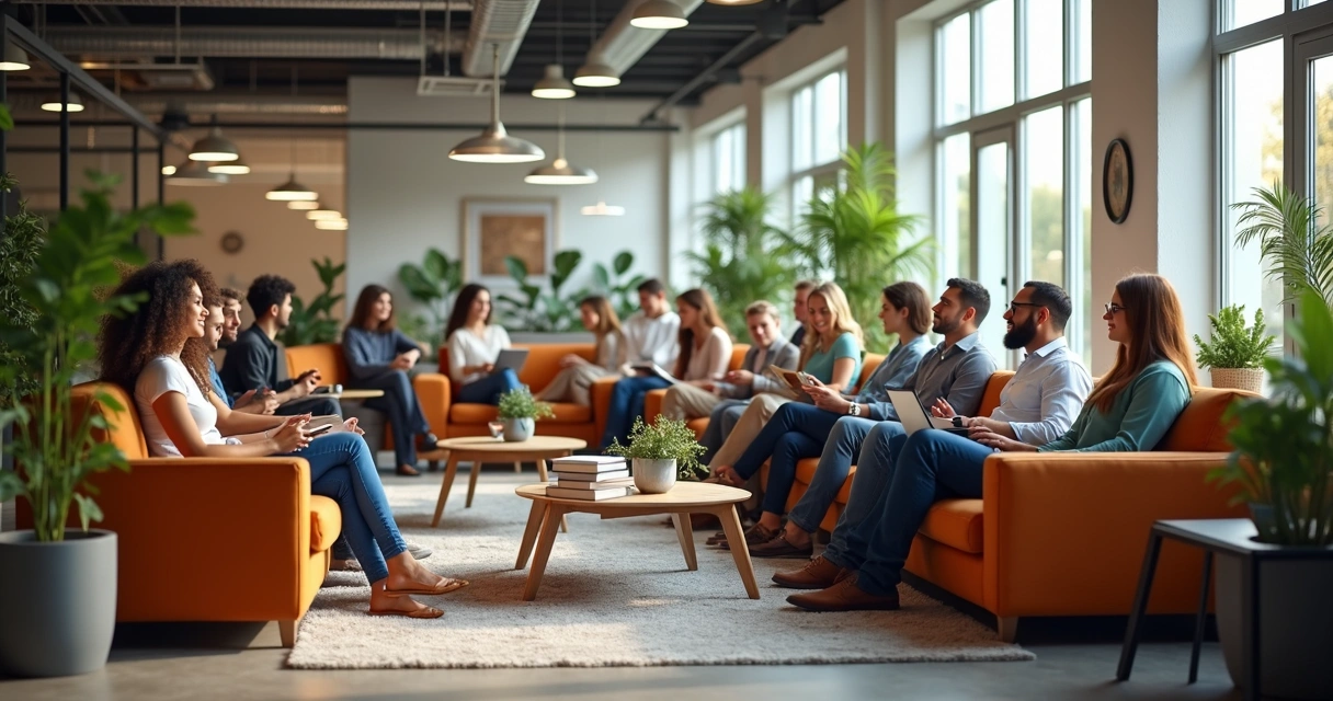 Equipe descansando e relaxando em área de convivência corporativa 
