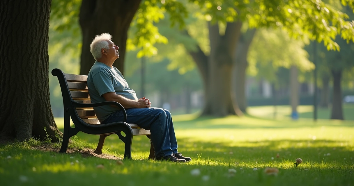 Persona descansando sentado en un banco bajo árboles del parque