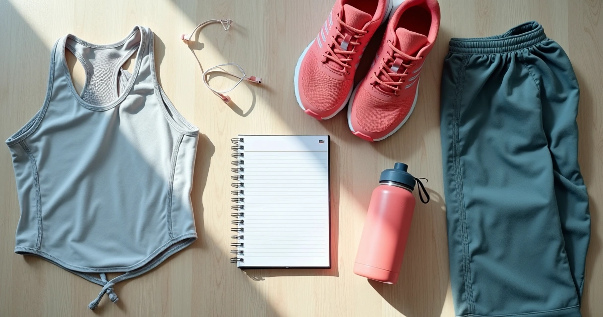 Ropa deportiva, botella de agua y bloque de notas en el suelo 