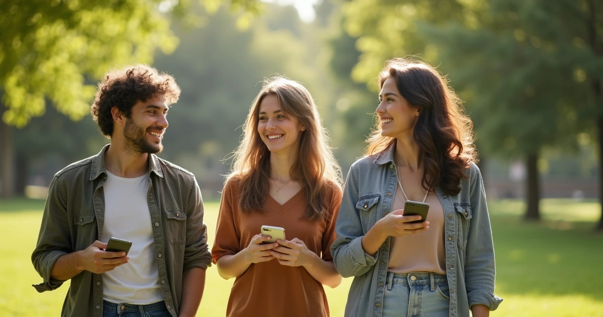 Grupo caminhando em área verde segurando celulares desligados