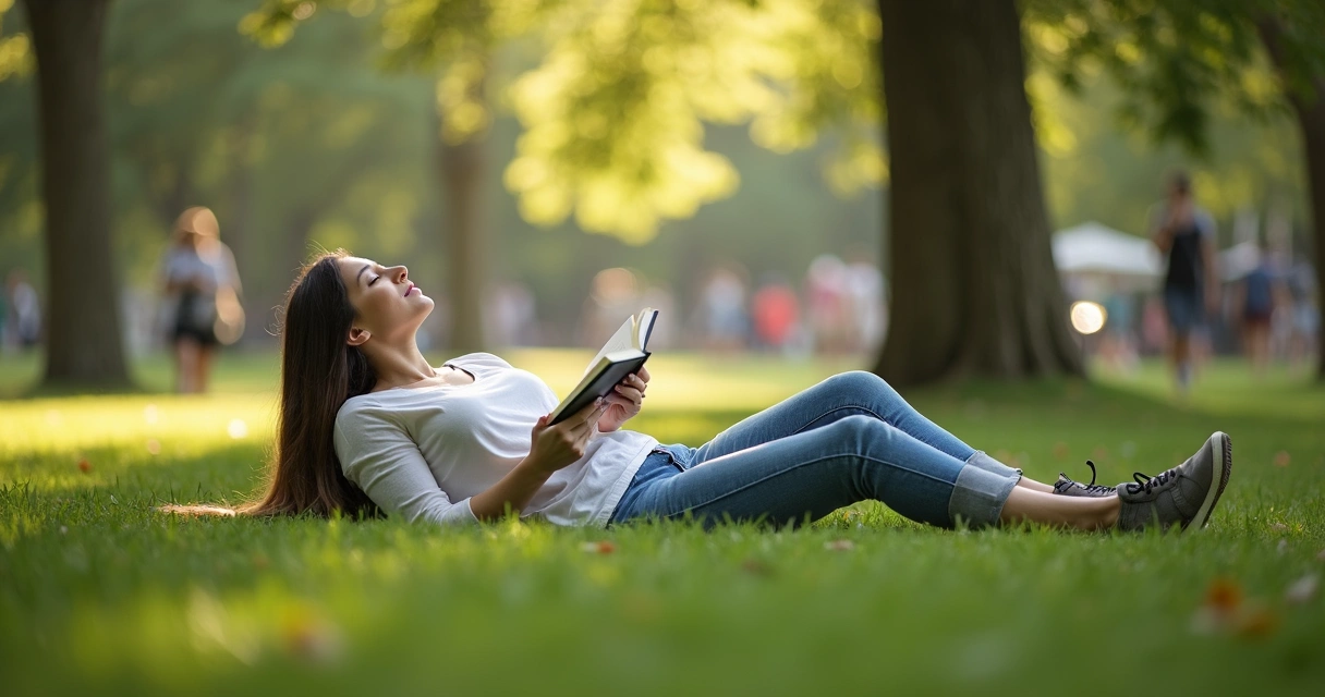 Pessoa descansando em um parque com árvores ao fundo 
