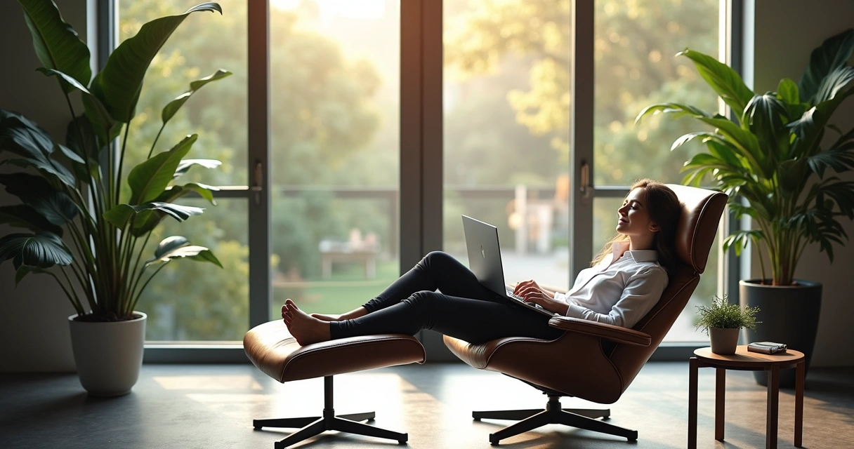 Pessoa descansando em poltrona no escritório moderno, plantas e luz suave ao redor 
