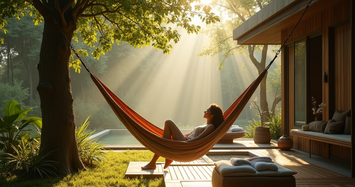 Pessoa relaxando em área verde com móveis confortáveis e árvores ao fundo 