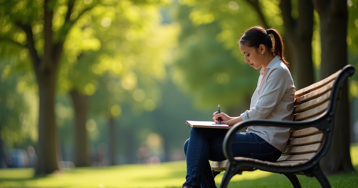 Persona sentada en un banco de parque rodeada de árboles, en actitud de reflexión 