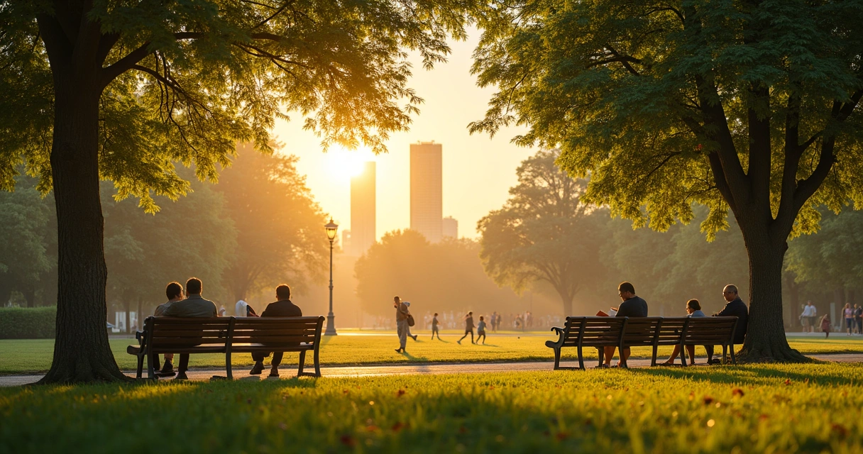 Personas descansando en un parque urbano al atardecer