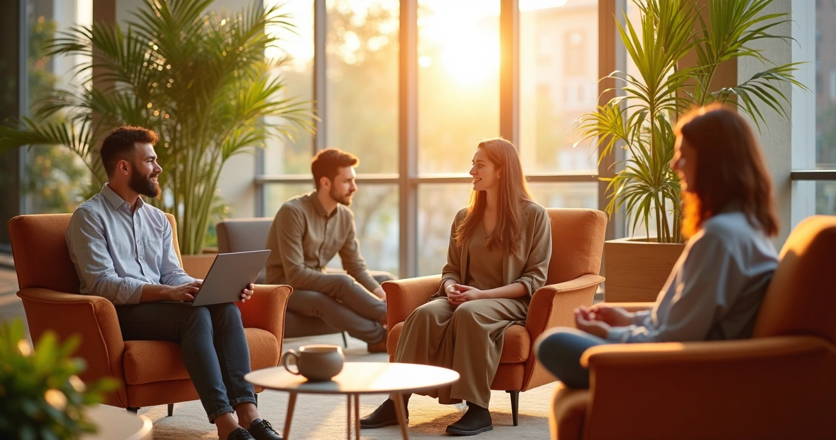 Equipe de trabalho em ambiente de escritório fazendo pausa para relaxamento.
