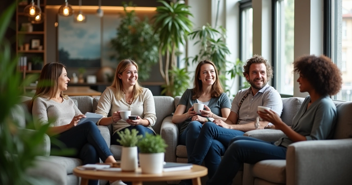 Equipo de trabajo tomando un descanso en un área de descanso informal 