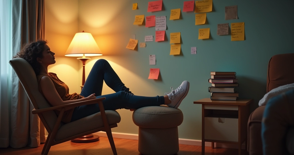 Pessoa relaxa em poltrona após estudar à noite