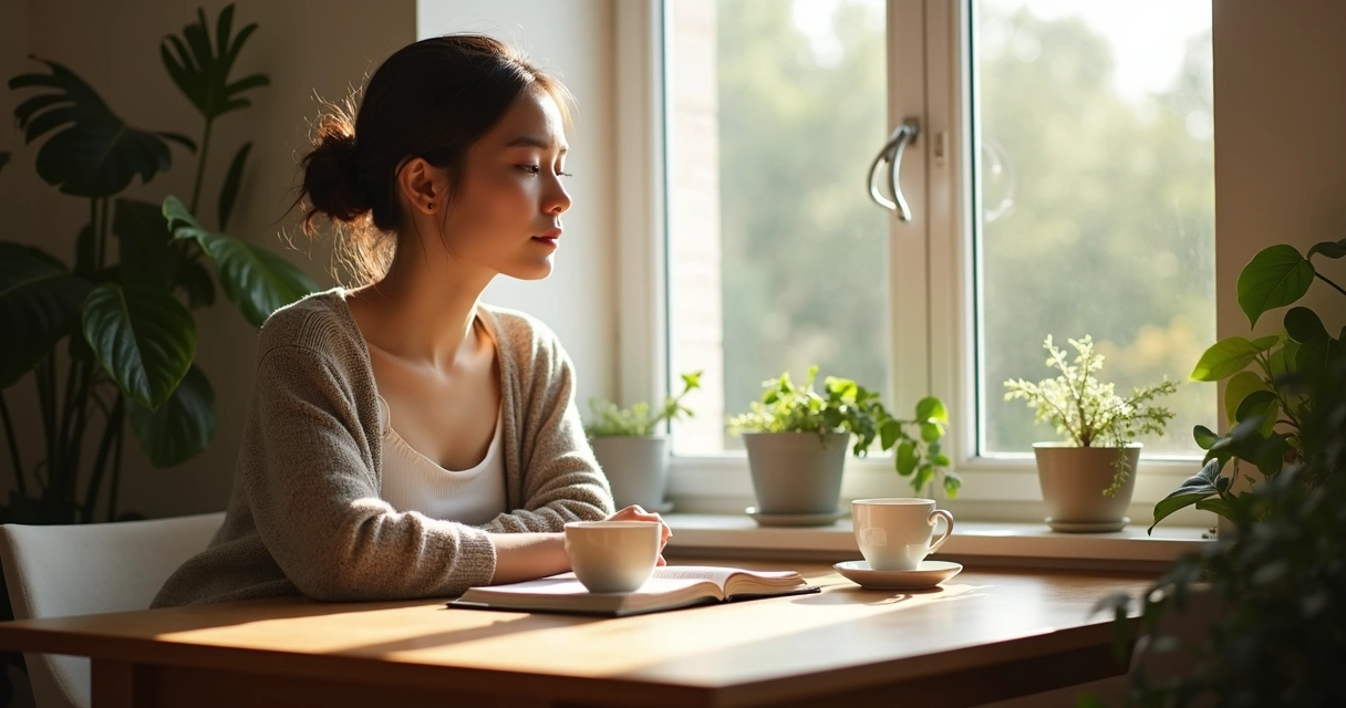 Persona sentada relajada junto a una ventana con luz suave 