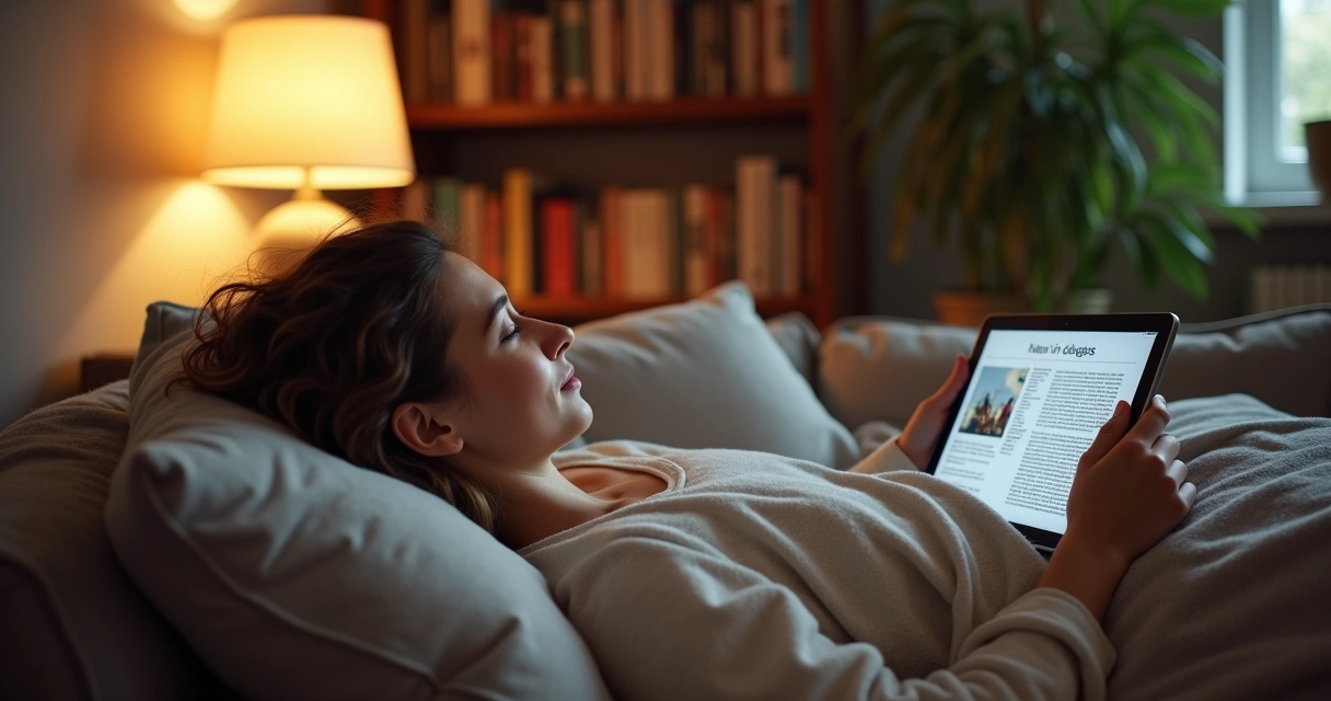 Pessoa deitada lendo notícias no tablet em ambiente aconchegante