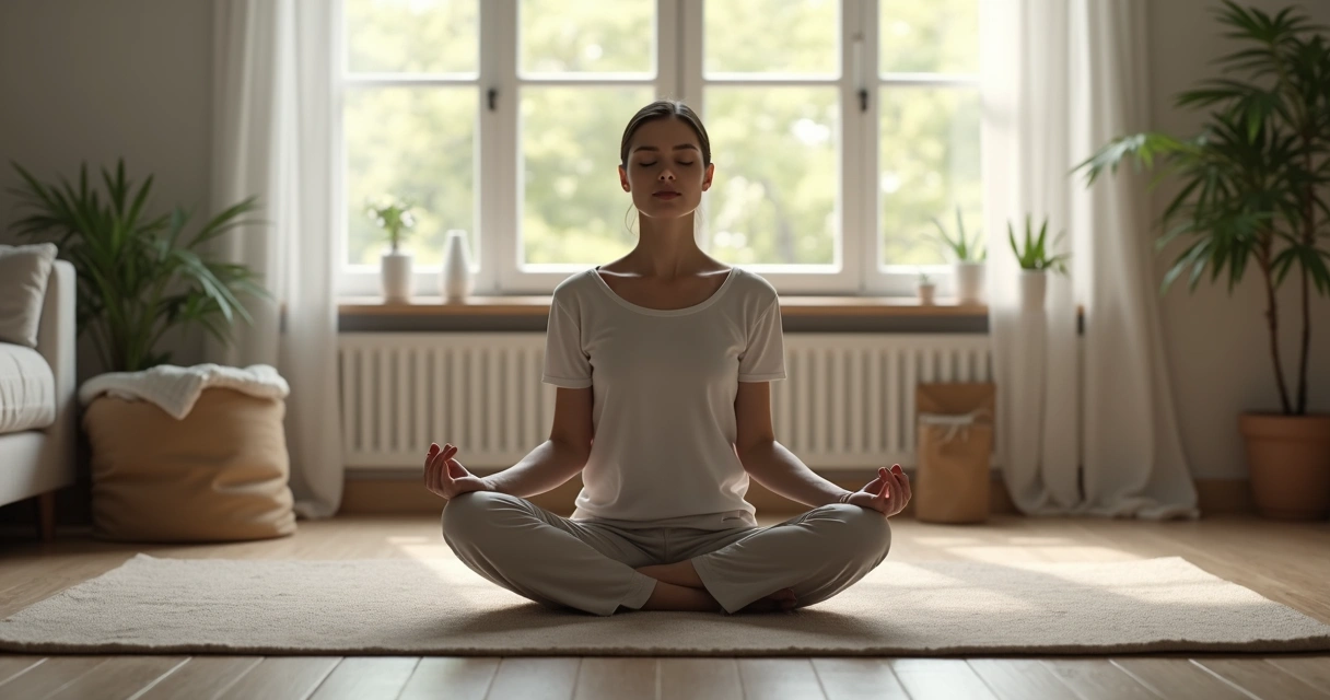 Pessoa sentada em posição de meditação, luz suave, ambiente tranquilo de casa 