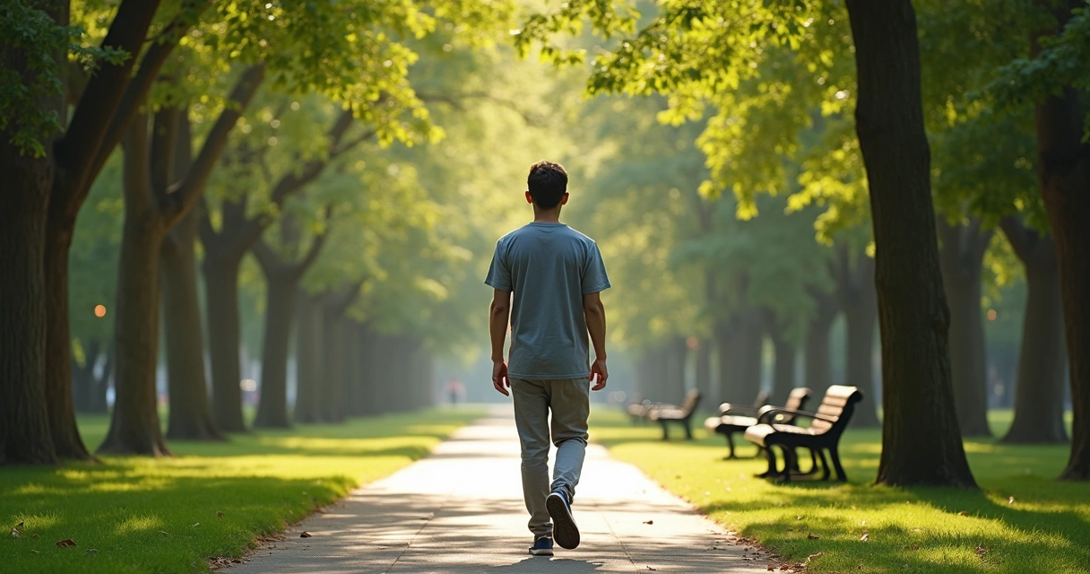 Pessoa caminhando em parque durante pausa mental