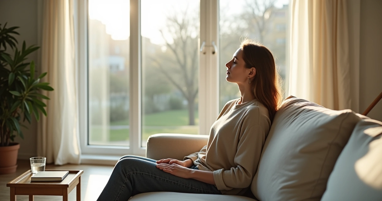 Pessoa sentada perto da janela relaxando com a mente tranquila 