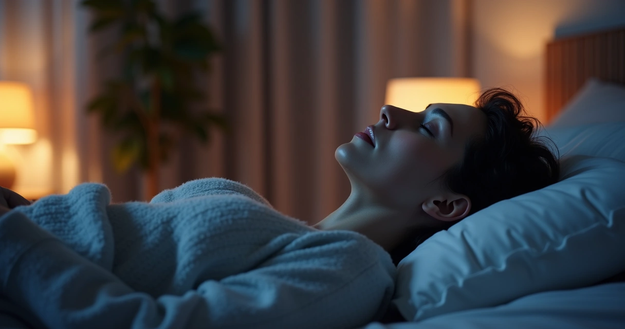 Ambiente tranquilo com uma pessoa relaxando em um quarto escuro e iluminação suave, transmitindo sensação de repouso mental