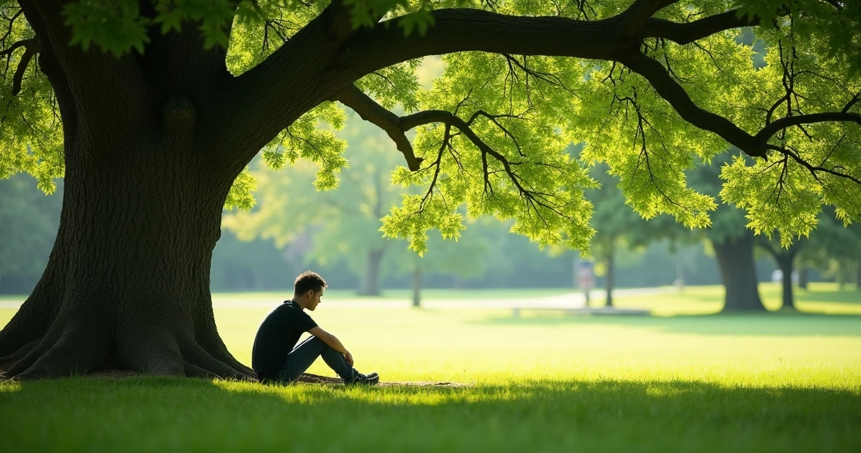 Pessoa relaxando sozinha em meio à natureza, sentada sob árvore em cenário verde.