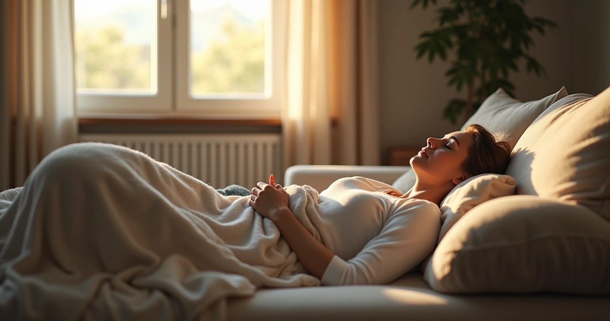 Persona tumbada en un sofá con luz suave, descansando plácidamente