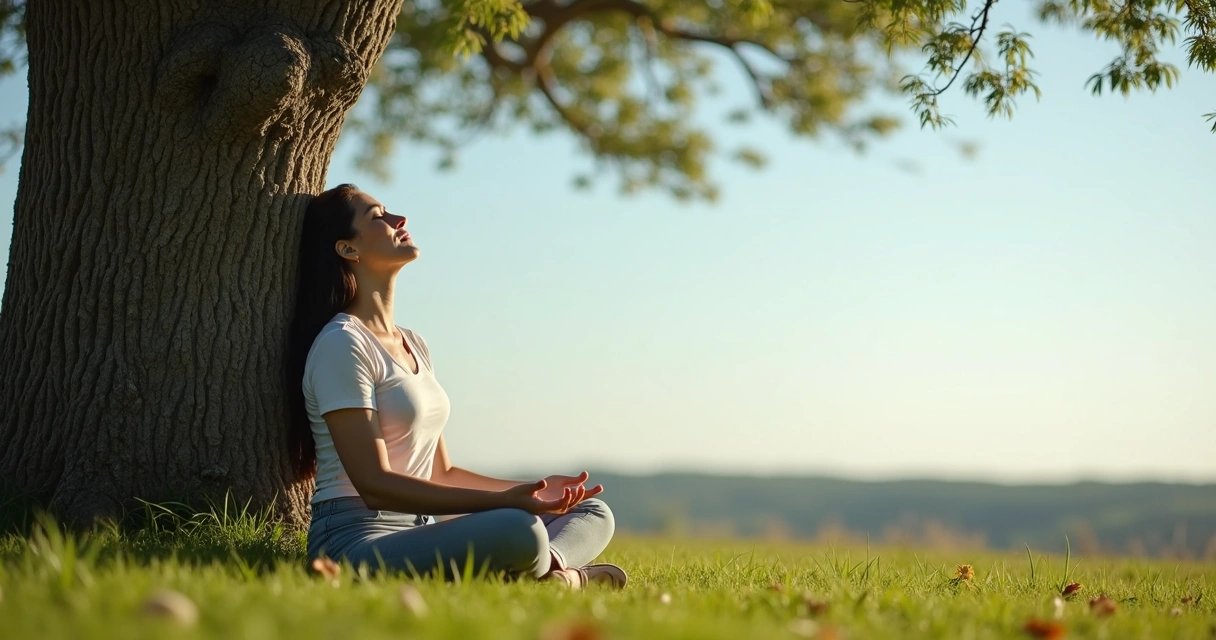 Pessoa sentada relaxando próximo a uma árvore, gramado verde e céu claro ao fundo 