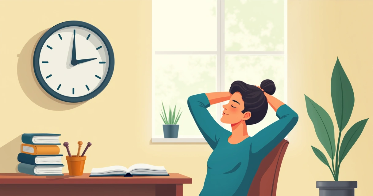 Jovem relaxando com olhos fechados após estudar, apoiado em cadeira ao lado de mesa com livros 