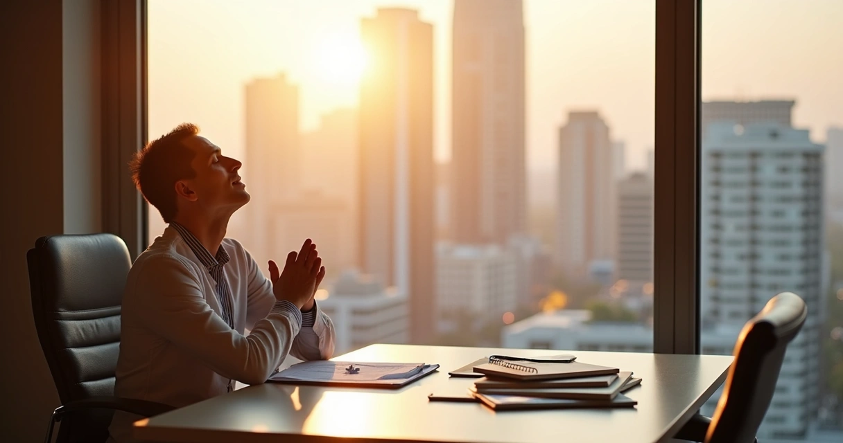 Ejecutivo tomando un descanso consciente en la oficina sentado cerca de una ventana soleada 