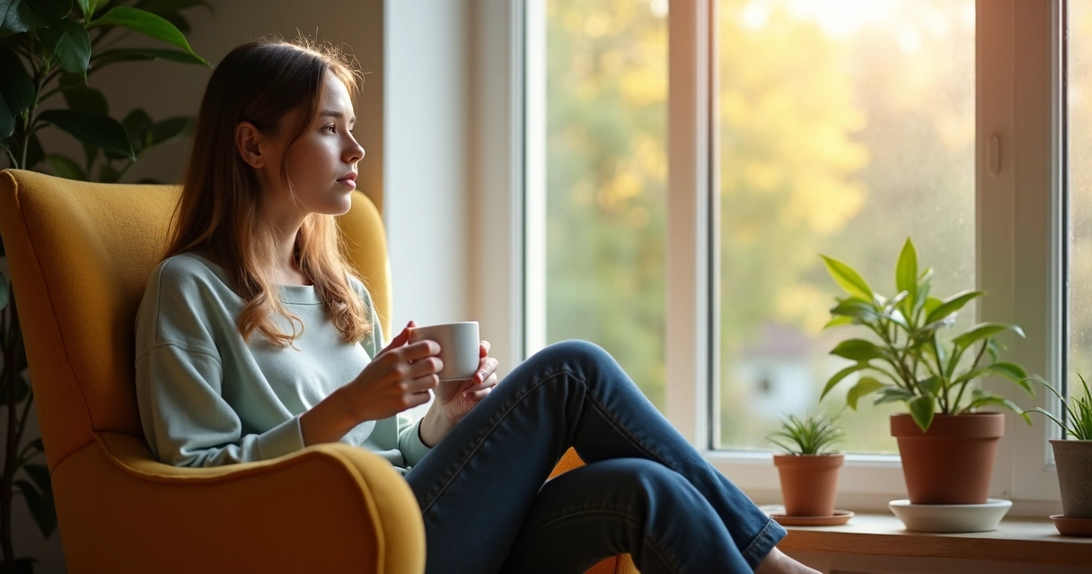 Pessoa descansando próxima a uma janela, olhando para fora 