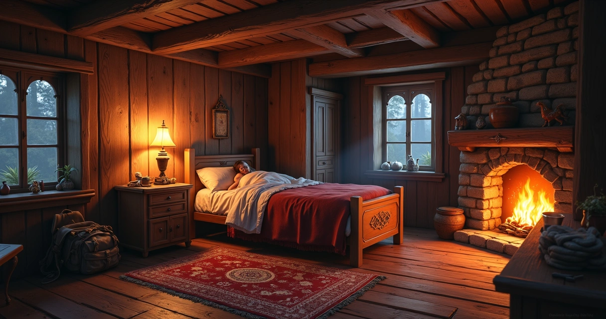 Personagem deitado em cama em uma casa do Tibia 