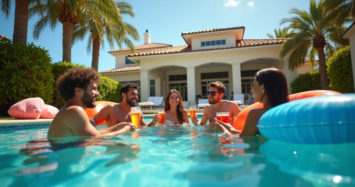 Grupo de amigos relaxando na piscina de casa em Orlando