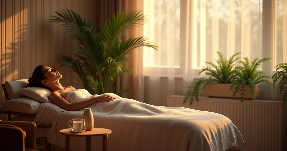 Pessoa relaxando sob luz suave após sessão de massagem 