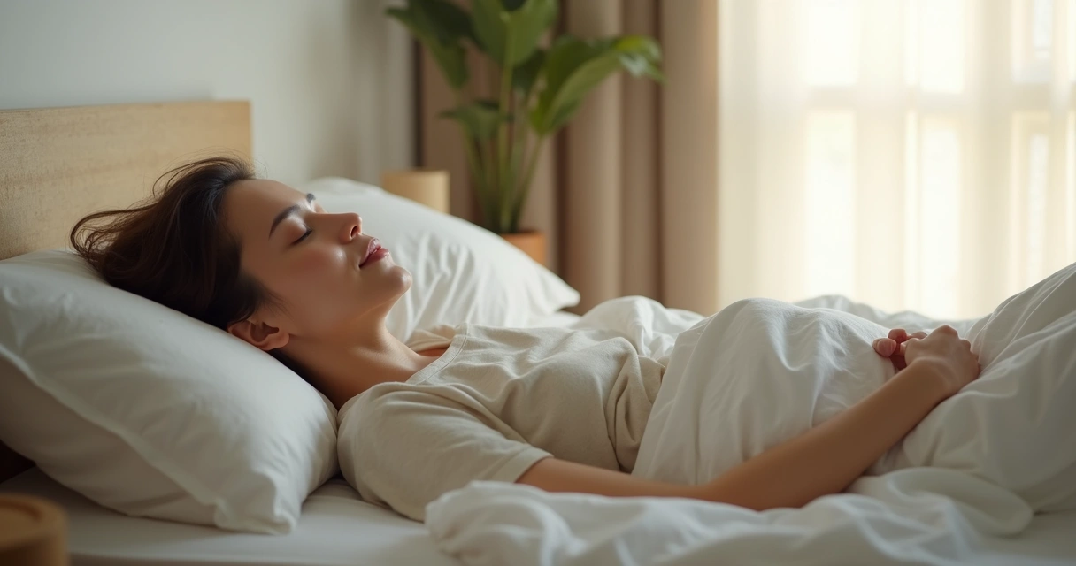 Pessoa relaxando na cama em ambiente tranquilo, com expressão de serenidade 