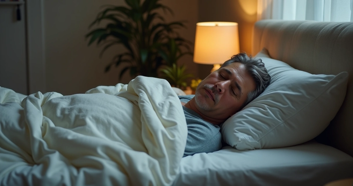 Hombre adulto descansando y durmiendo en su dormitorio tranquilo