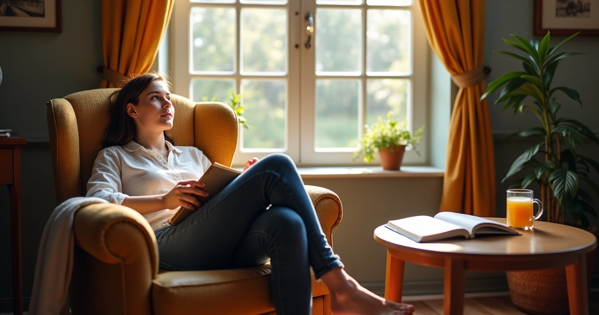 Estudante descansando em poltrona ao lado de material escolar 