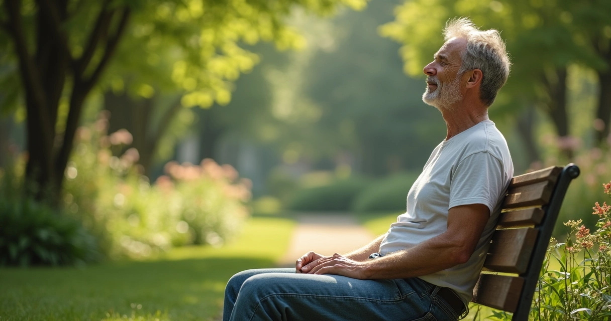 Persona descansando en jardín tranquilo sin dispositivos digitales.