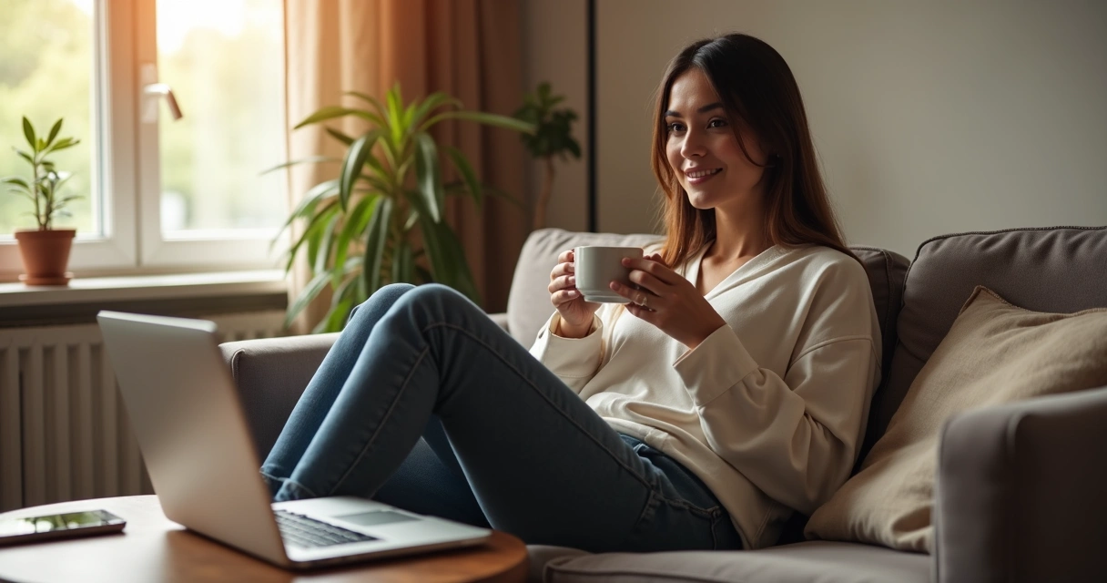 Profissional de social media descansando com um café na mão em ambiente tranquilo 
