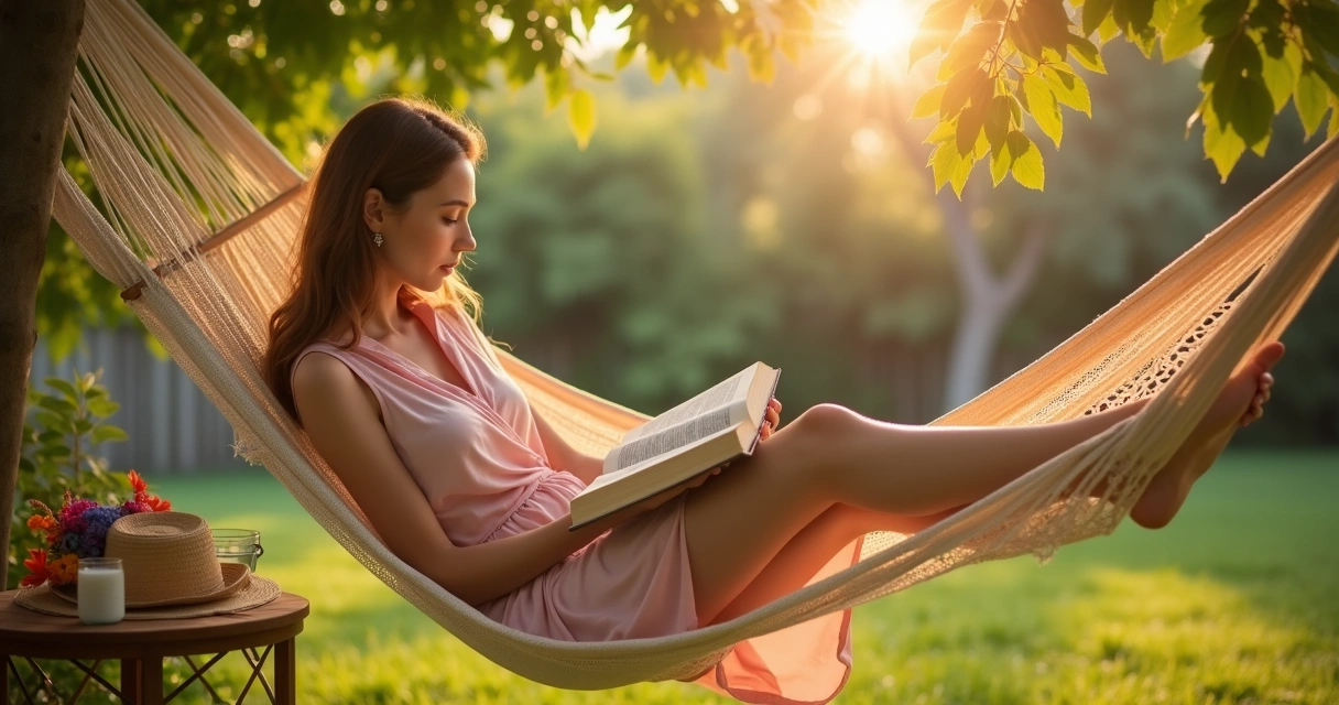 Mulher deitada em rede ao pôr do sol lendo a Bíblia em jardim de verão 