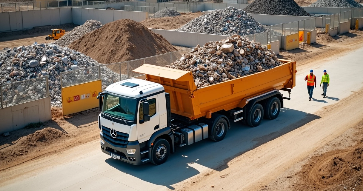Caminhão descarregando caçamba de entulho em área destinada 