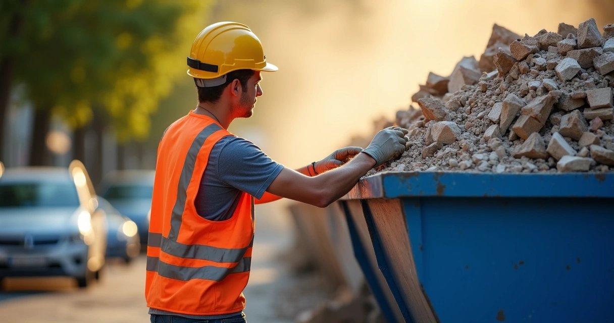 Trabalhador jogando entulho corretamente em caçamba urbana 