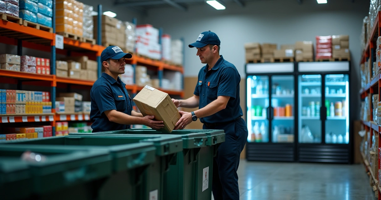 Funcionários descartando caixas de produtos alimentícios 