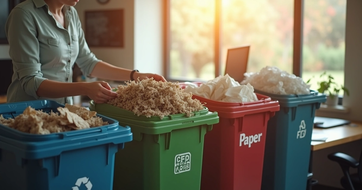 Funcionário descartando resíduos em caixas separadas.