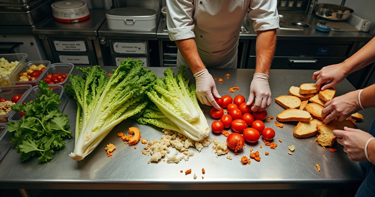 Alimentos descartados na cozinha de uma lanchonete 
