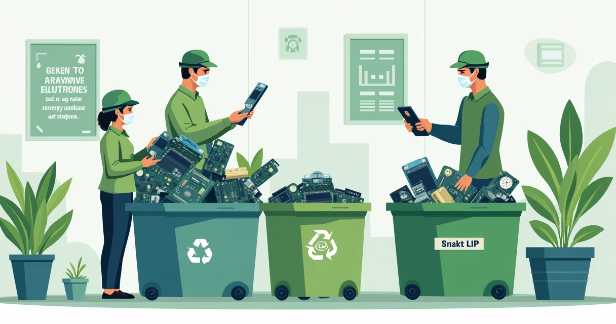 Centro de descarte de eletrônicos com funcionários usando EPIs separando resíduos