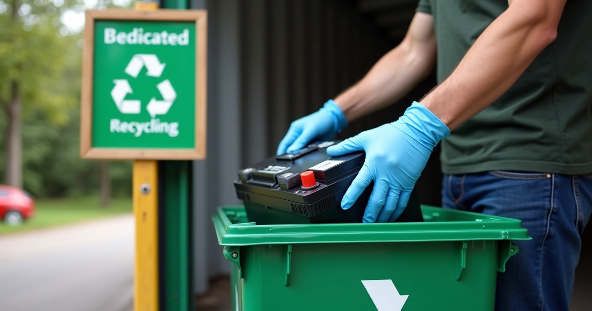 Descarte correto de bateria de caminhão em local de reciclagem 