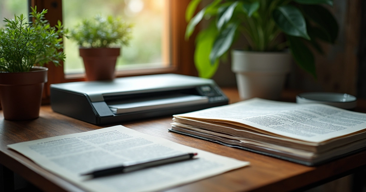 Mesa com documentos físicos organizados, scanner digitalizando papéis e caixa para descarte seguro, ao fundo plantas e luminária 