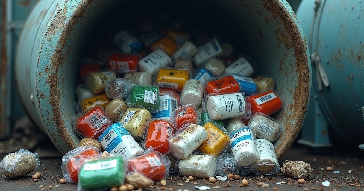 Descarte de insumos refrigerados en gran contenedor de basura 