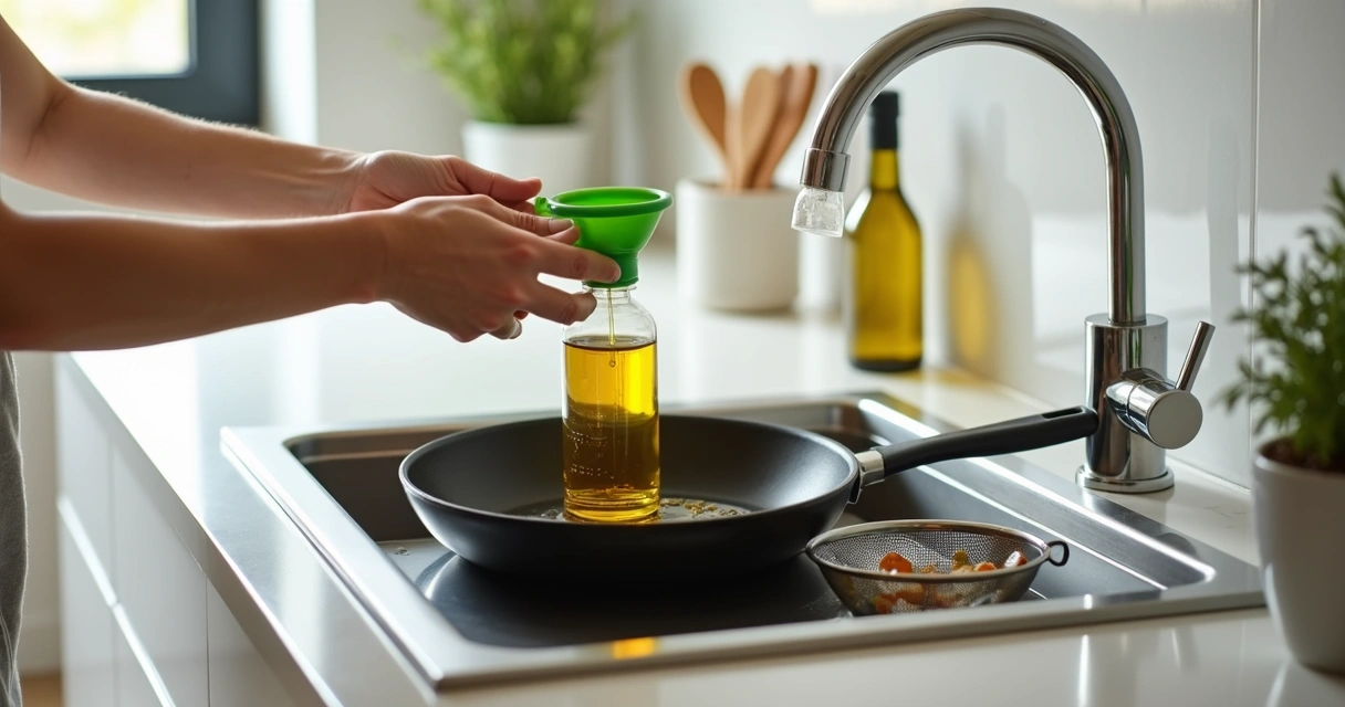 Pessoa a deitar óleo de cozinha arrefecido num funil colocado numa garrafa de plástico vazia junto ao lava-loiça 