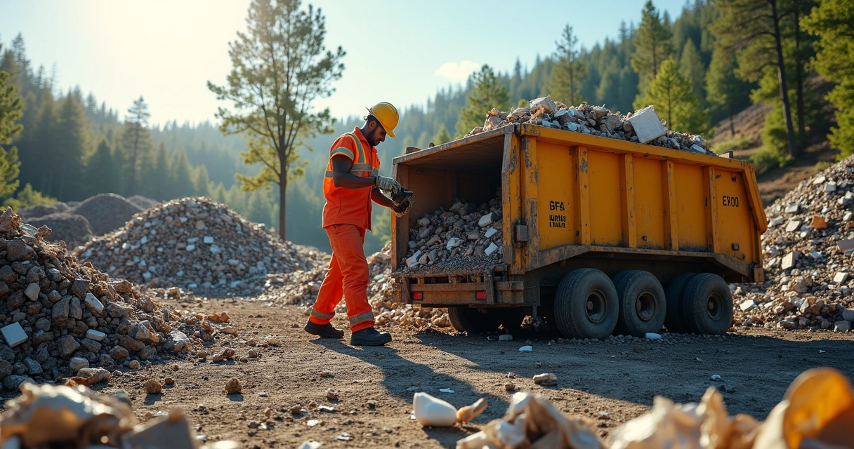 Funcionário vestindo EPI faz descarte correto de resíduos em área verde autorizada 