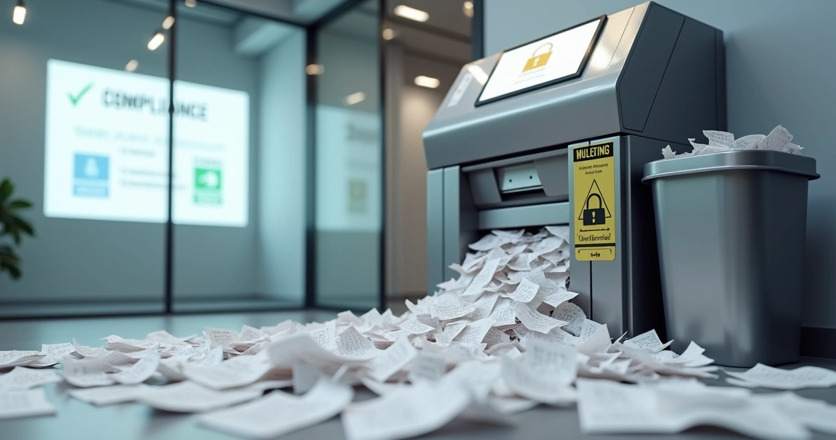 Máquina trituradora destruindo documentos confidenciais em ambiente corporativo moderno 