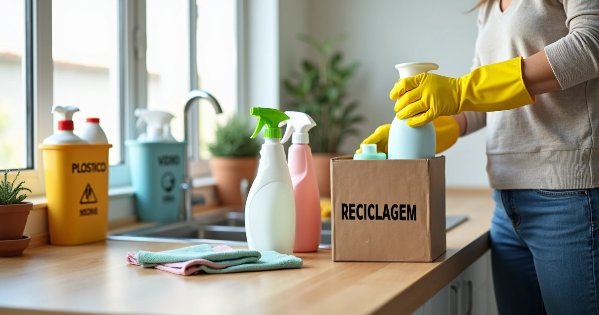 Pessoa a separar produtos de limpeza vencidos para reciclagem em cozinha organizada 