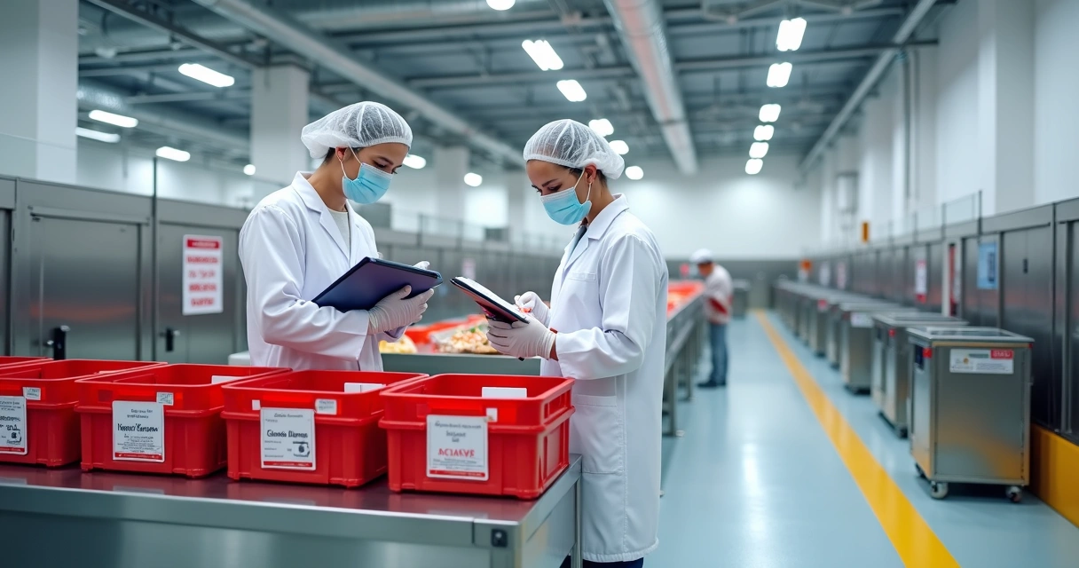 Equipe de qualidade realizando descarte seguro de produtos alimentícios não conformes em área industrial controlada 